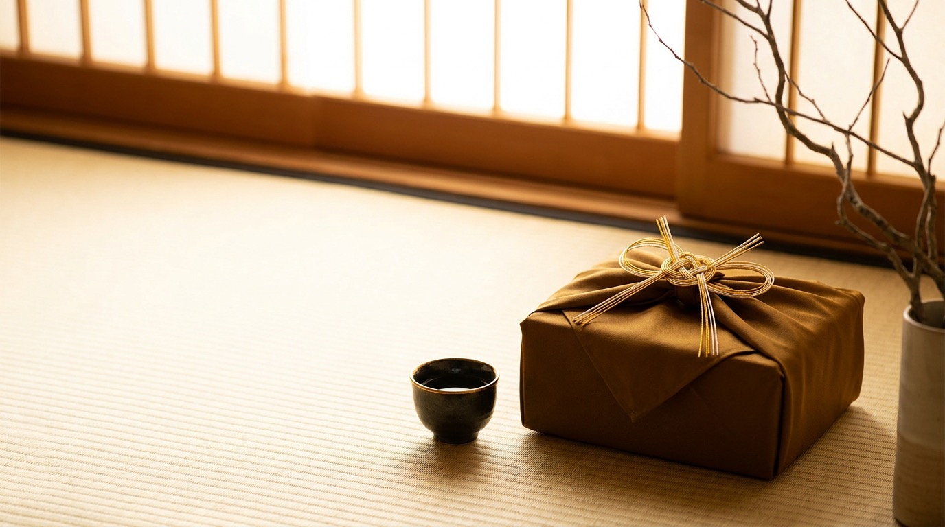 米寿祝いに父・祖父へ贈るギフトのイメージ。金茶色の風呂敷で包んだ贈り物と酒器